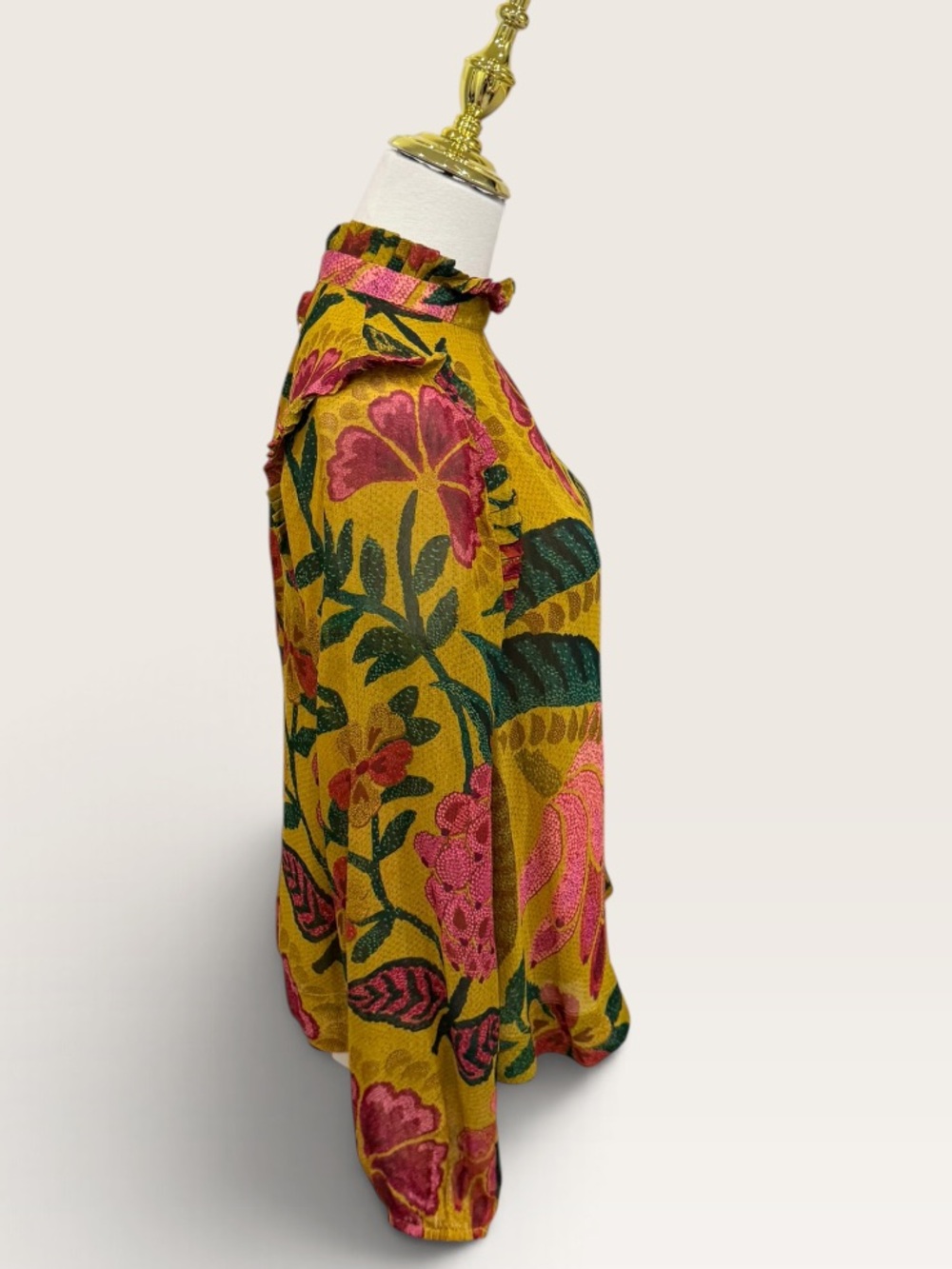 Farm Rio XS Golden Yellow Floral Print Button Back Long Sleeve Blouse EUC Boho - Picture 8 of 13